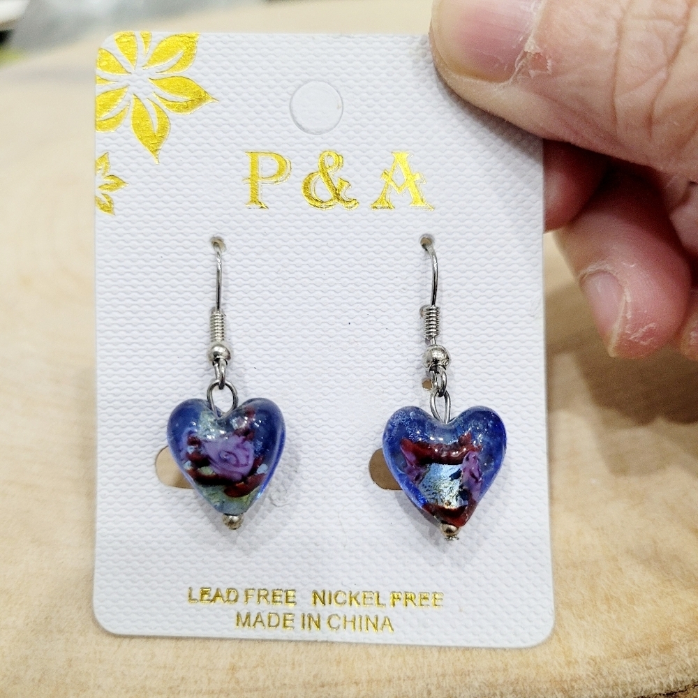Brand New Silver Tone Blue Heart Dangle Earrings
